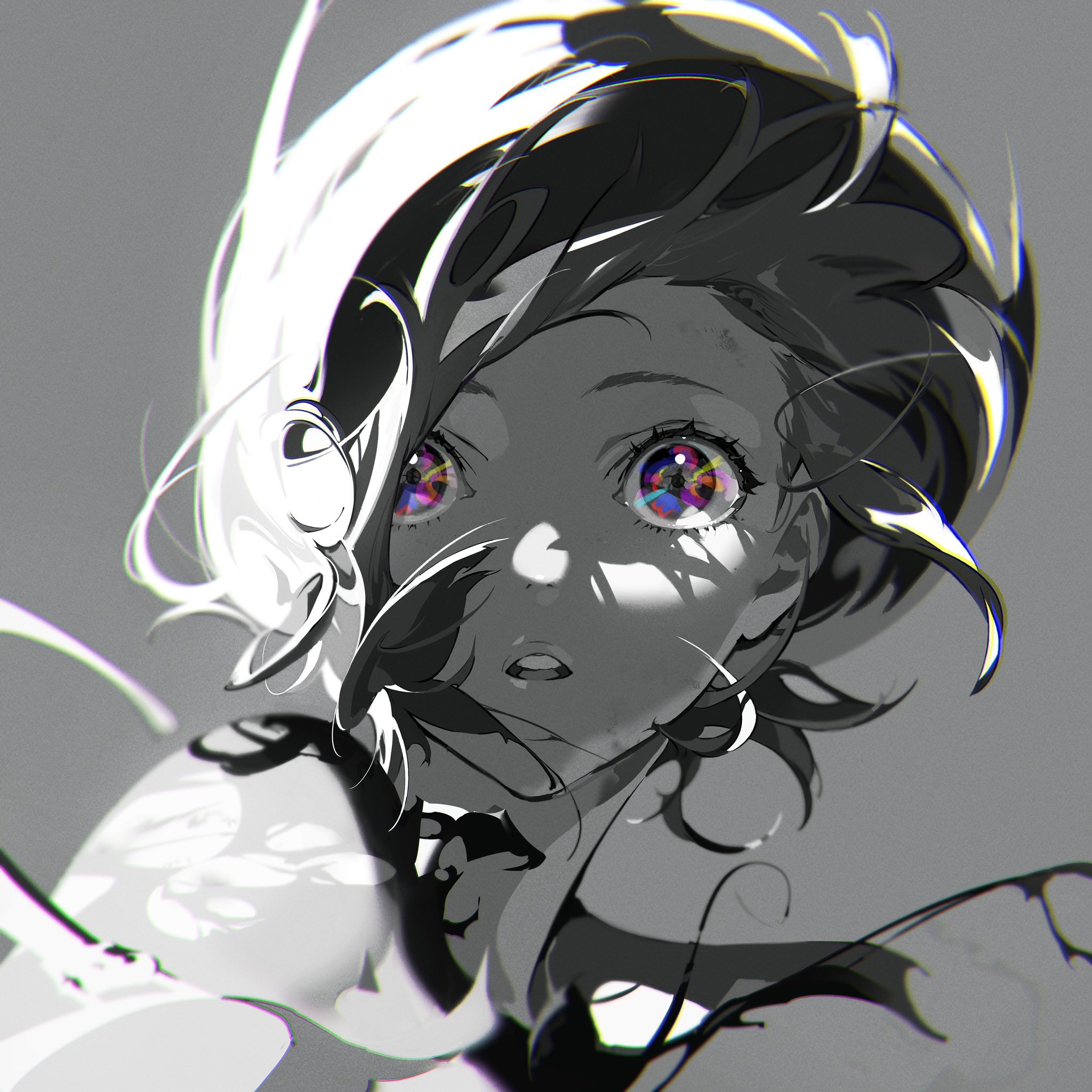 the image is a striking black and white illustration of a young woman with large, captivating eyes. her pupils are a kaleidoscope of color, drawing the viewer's attention. her hair is a whirlwind of black and white strokes, implying movement and energy. her surprised expression suggests she might have just experienced something shocking or unexpected. the dynamic lighting and shadows add depth and drama to the piece. the overall effect is both beautiful and slightly unsettling, leaving a lasting impression on the viewer.