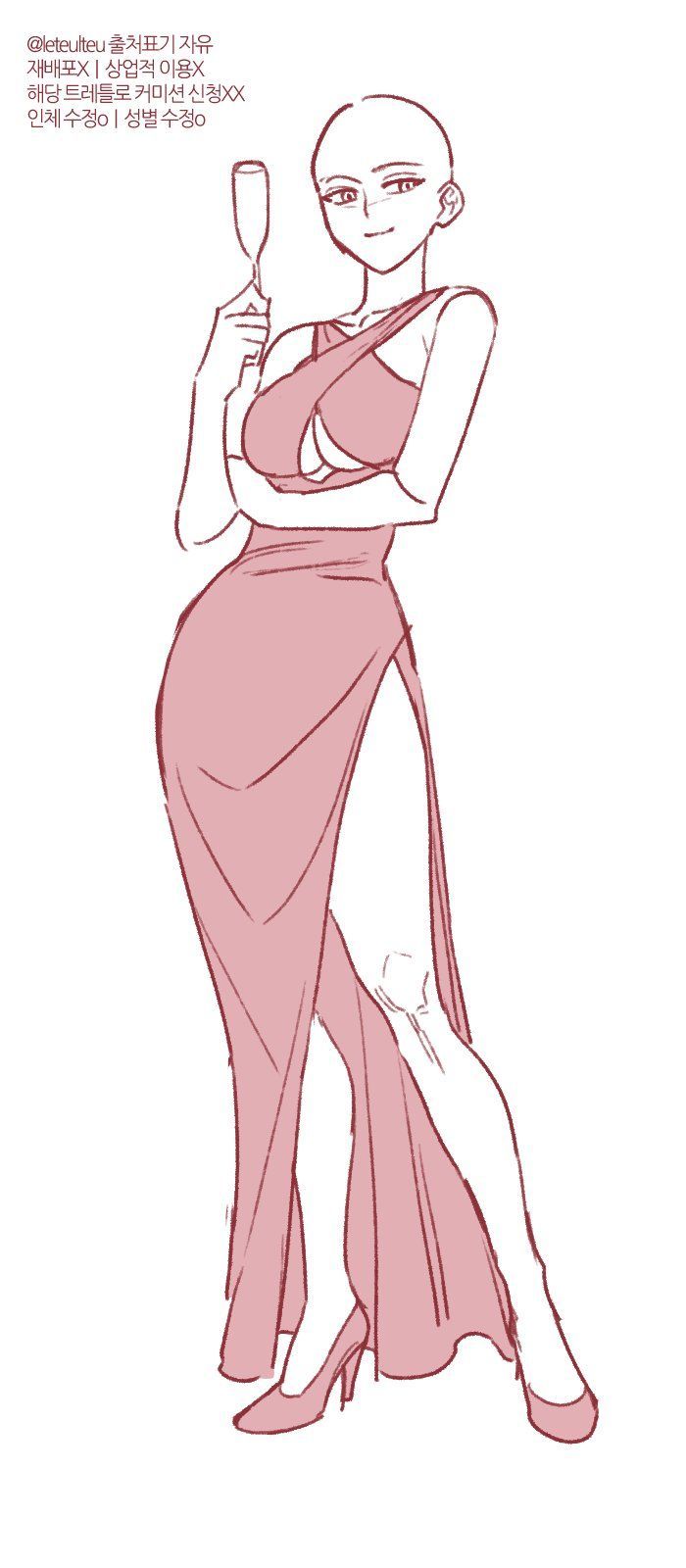 this is a line drawing of a woman in a dress, with a glass of champagne in her hand, in a standing pose. she has her right leg slightly in front of her left and is looking straight ahead. her hair is up, and she's wearing a dress with a high slit. her right hand is on her hip, and her left hand is holding the glass of champagne. her left arm is bent, and her hand is holding the glass at about her chest height. her left foot is on the ground, and her right foot is slightly raised. the drawing is in a very simple style, and the lines are very clean and smooth.