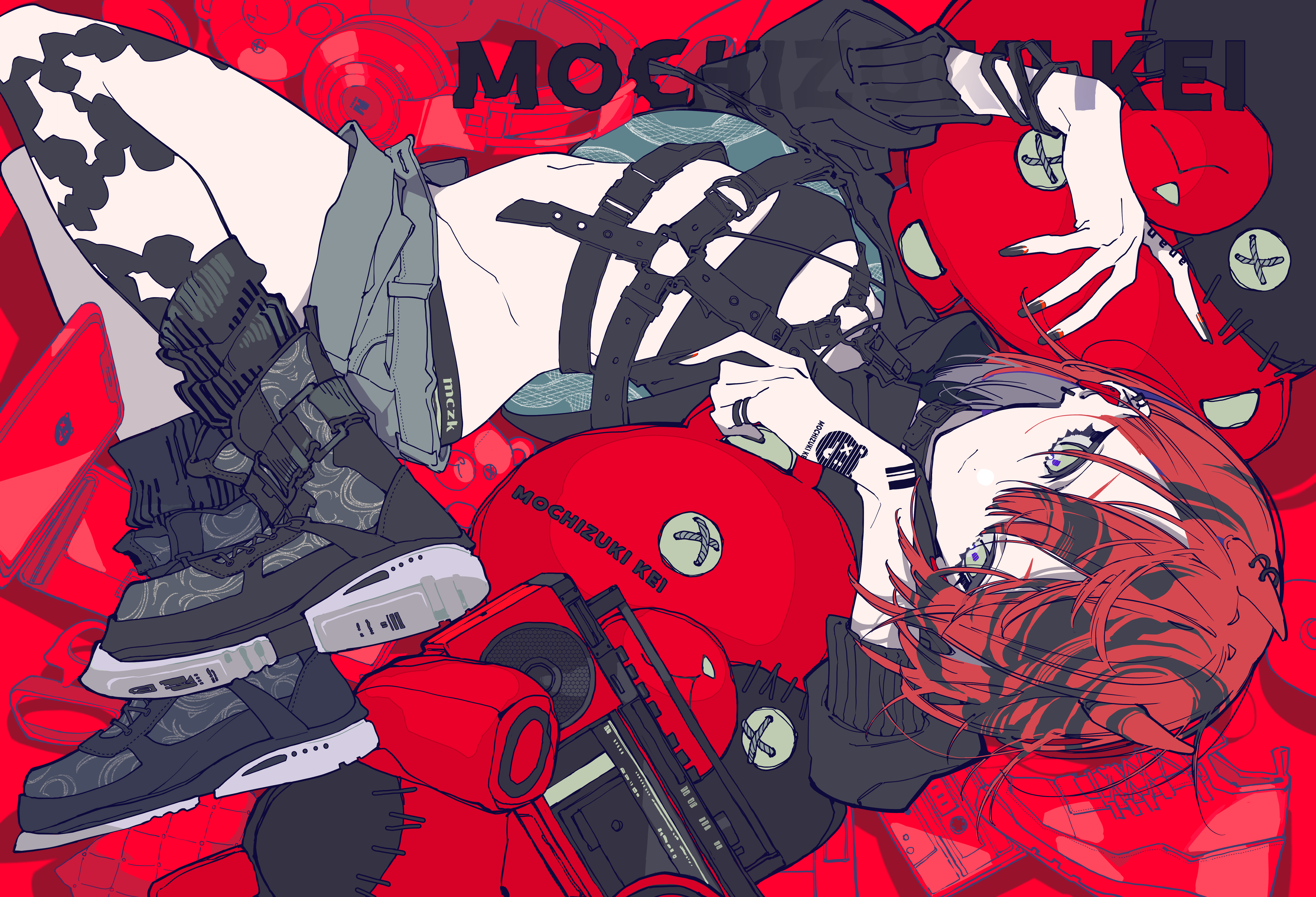an animestyle illustration shows a person with red hair and heterochromia (different colored eyes) laying down surrounded by various items. the person has small horns, a harnesslike garment, and is wearing fashionable boots. items include a music player and a red stuffed animal with xshaped button eyes. the background is primarily red and features the text "mochizuki kei".