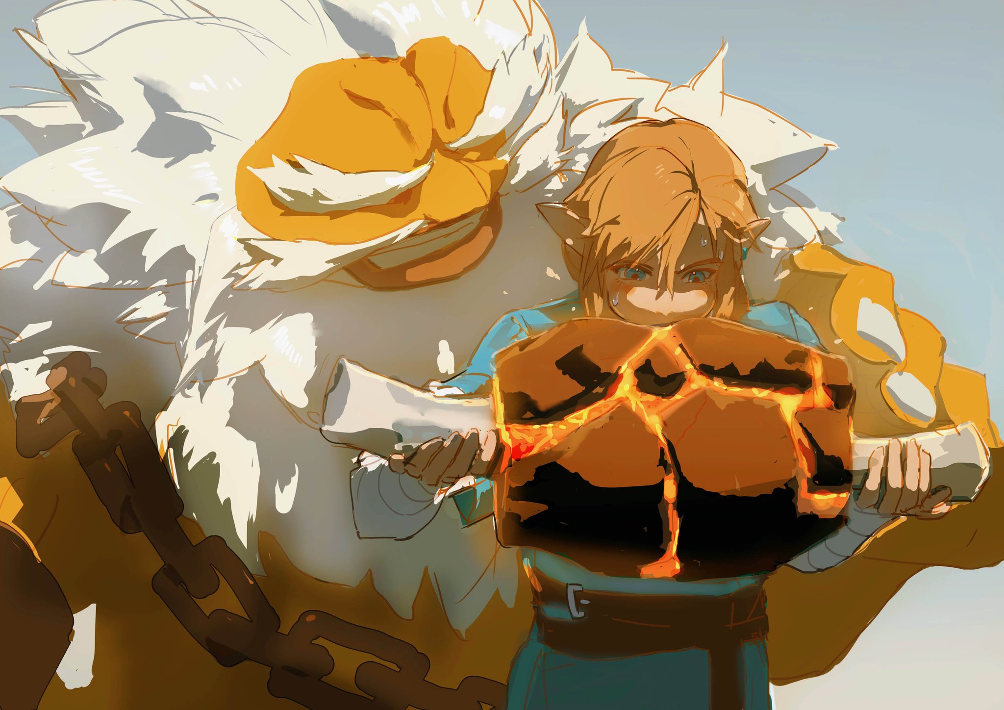 a drawing of link from the legend of zelda series, holding a stone and looking concerned. the character is wearing a blue tunic and a brown belt. behind link is a large monster who is white and orange and has a long white beard and hair. the monster is wearing a chainmail.