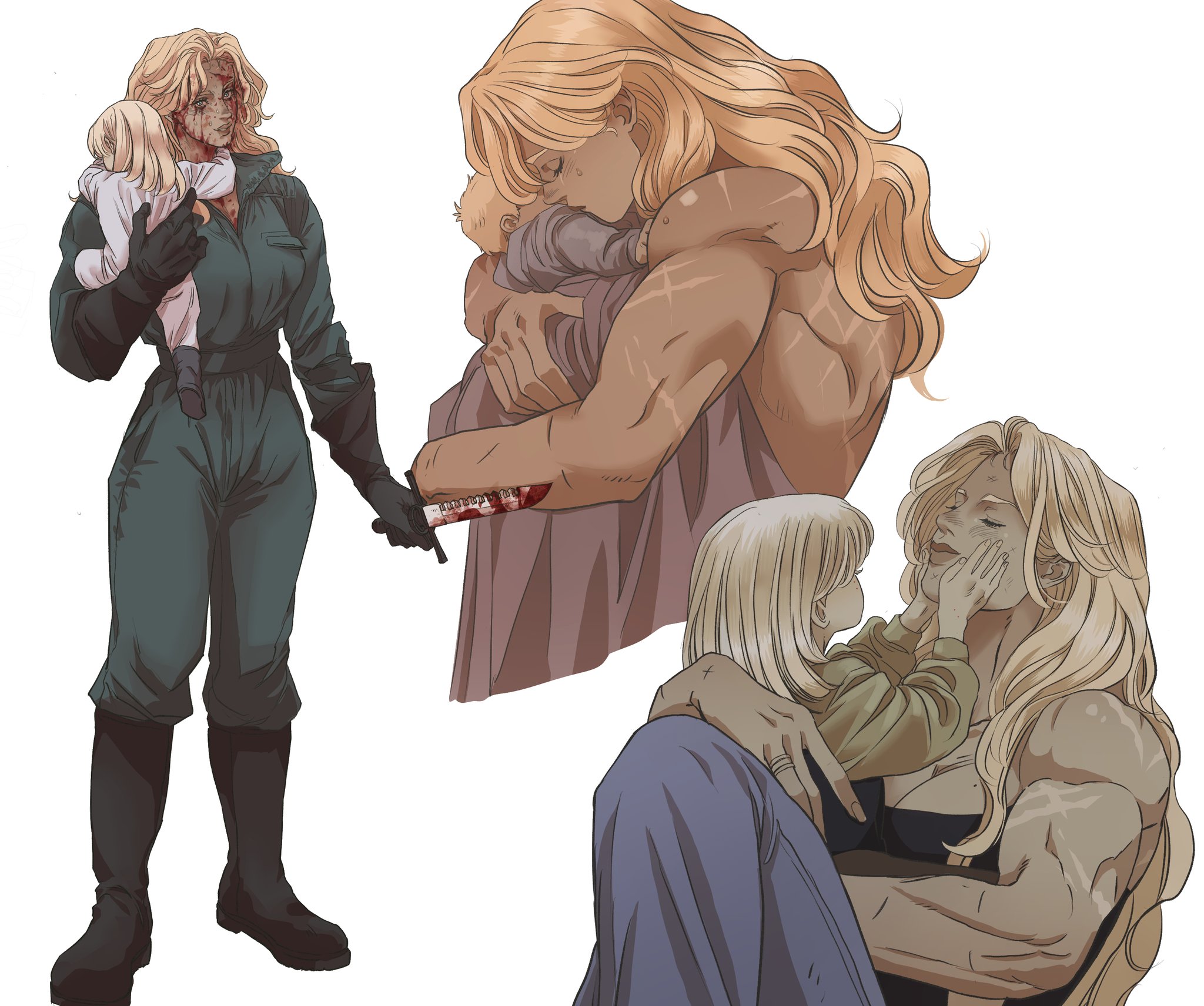 the image shows a compilation of illustrations depicting a muscular, blondehaired woman with scars, holding and interacting tenderly with a young child. in one scene, the woman is wearing a green jumpsuit and boots, holding the child in one arm and a bloody knife in the other. there's blood on her face and the child's clothes. another illustration shows the woman embracing the child closely. a third illustration depicts the woman sitting and holding the child, who is touching her face with affection. the illustrations convey themes of protection, love, motherhood, and tenderness.