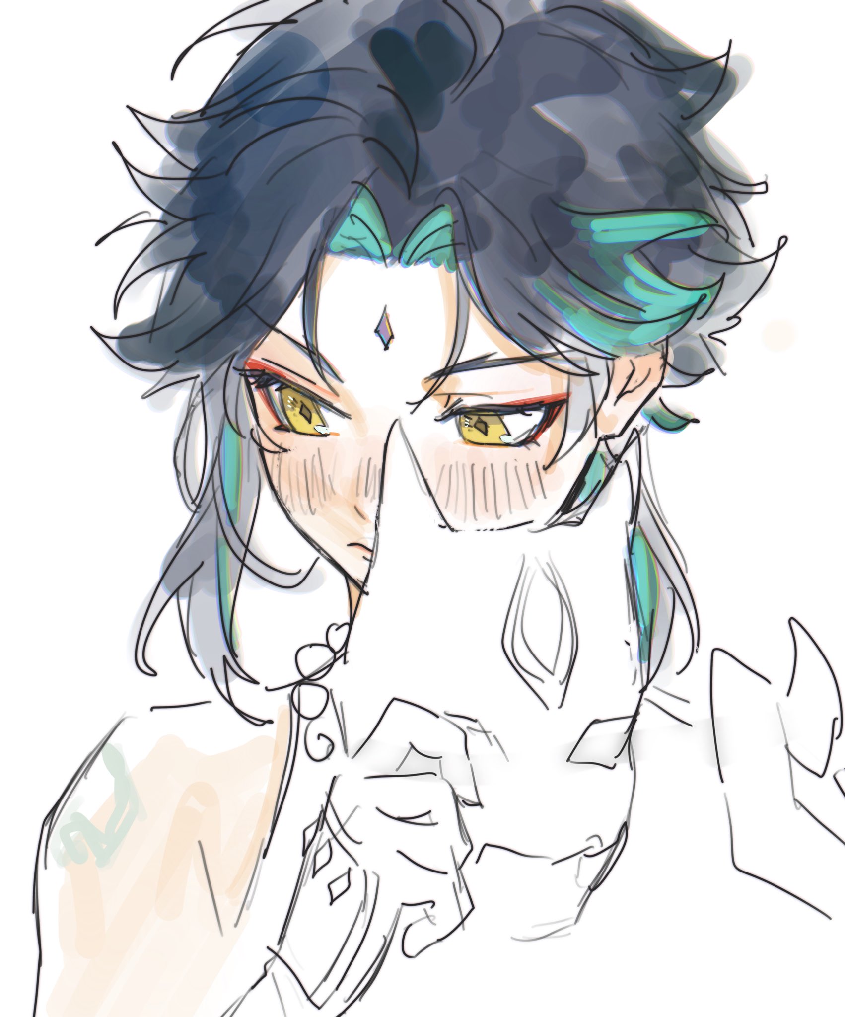 a digital drawing of a young man with blue and green hair covering most of his face with a white mask. he has a green line running down his forehead. he appears to be looking to the right with a slight blush on his face. he is wearing a lightcolored shirt with some detail on his left arm.  the background is white.