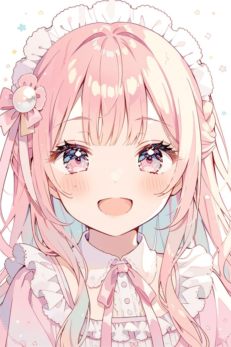 the image is a closeup illustration of a cute anime girl. she has long, wavy pink hair with pastel highlights, and she's wearing a pink maid outfit with frilly details and ribbons. her expression is happy and cheerful, and she has a rosy blush on her cheeks. the overall style is very kawaii and pastel. the background is simple and white with a few small stars. the image is clean and welldrawn, with soft lines and shading that creates a delicate and dreamy atmosphere.