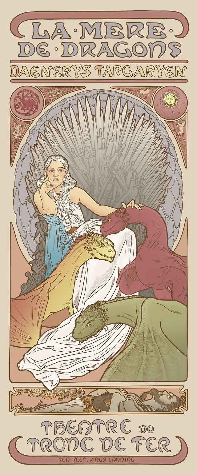 the image is a poster in the style of art nouveau, depicting daenerys targaryen, also known as the mother of dragons, from the game of thrones series. she is sitting on the iron throne with her three dragons beside her. below, there is a scene depicting a dead body lying on a bed. the text reads "la mere de dragons" and "daenerys targaryen" at the top, and "theatre du tronc de fer" and "red keeps, kings landing" at the bottom. the poster resembles a theater or playbill advertisement.