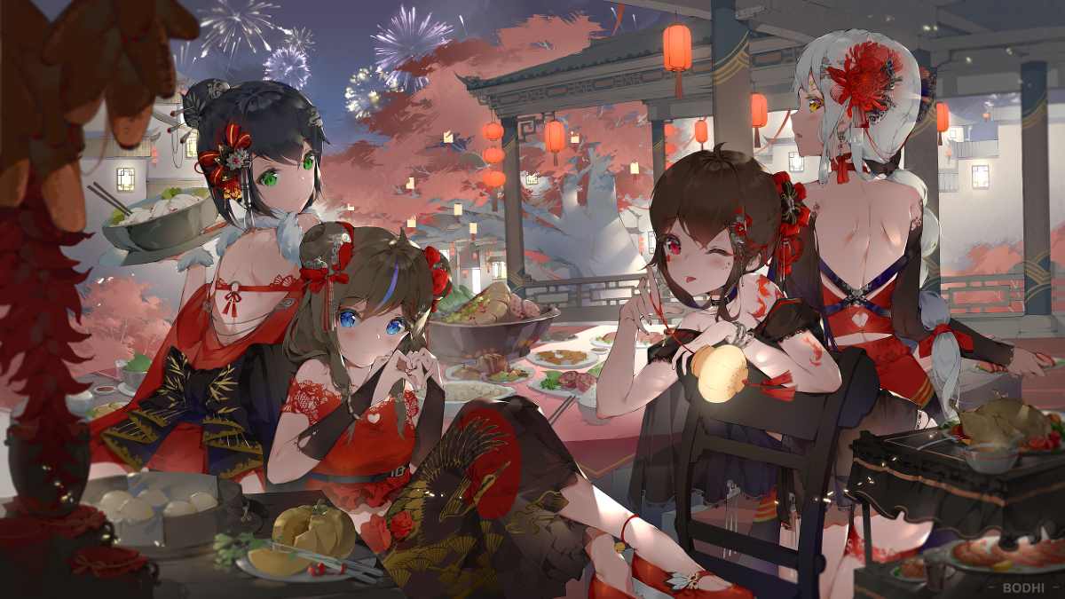 he image is a digital painting of four anime girls in traditional chinese clothing celebrating the new year. they are gathered around a table laden with food, under a gazebo decorated with red lanterns, with fireworks visible in the background.  the girls are depicted with bright, expressive eyes and elaborate hairstyles and clothing. the overall style is vibrant and festive, with a focus on the beauty and elegance of the characters and their setting.
