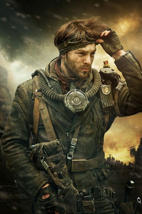 a man, looking like a soldier in a postapocalyptic world, stands against a dark and gritty background. he is wearing a heavily layered outfit, with a helmet, goggles, and other survival gear. he is holding a weapon in his hand, and his expression is serious and determined.  the image is full of darkness, shadows, and a sense of danger. the man is a survivor, fighting to stay alive in a world that has been ravaged by some unseen event.