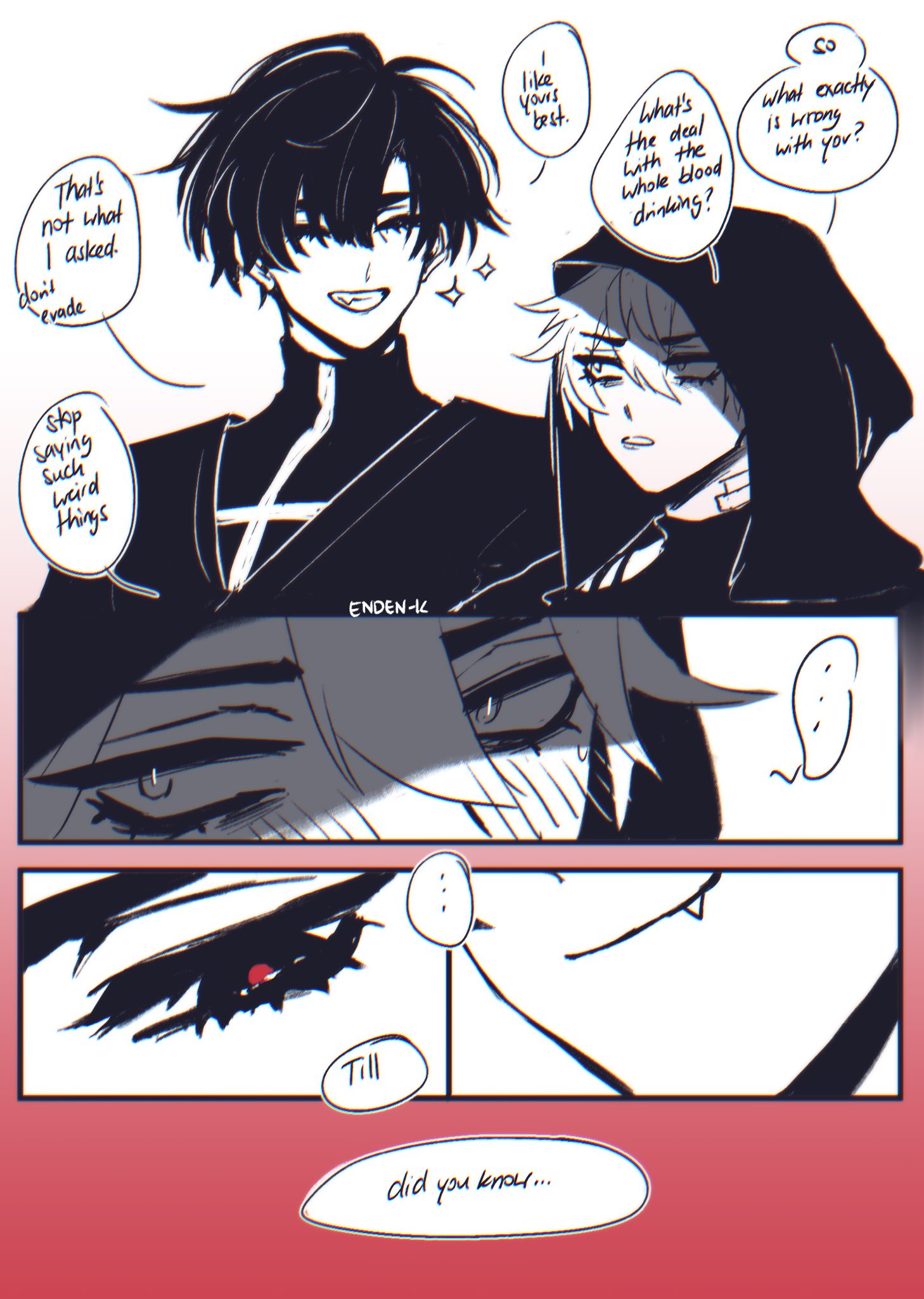 this is a comic strip style illustration with 4 panels. the first panel shows a young man with black hair with a mischievous smirk on his face. he is speaking to a younger man with white hair who has a concerned expression. the second panel is a close up of the white haired man's face, and the third panel is a closeup of the black haired man's face. in the background, it is a dark red. there are thought bubbles and speech bubbles in the comic.  the speech bubbles have various text written on them, indicating the characters are having a conversation.