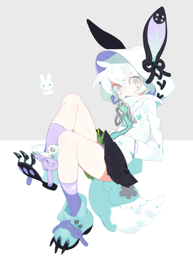 this is a digital illustration of an anime girl with white hair, bunny ears, a white hoodie with a bunny on the chest, and a black skirt. she is wearing purple and green shoes and her tail is furry and green. the art style is cute and kawaii. the background is white and grey.