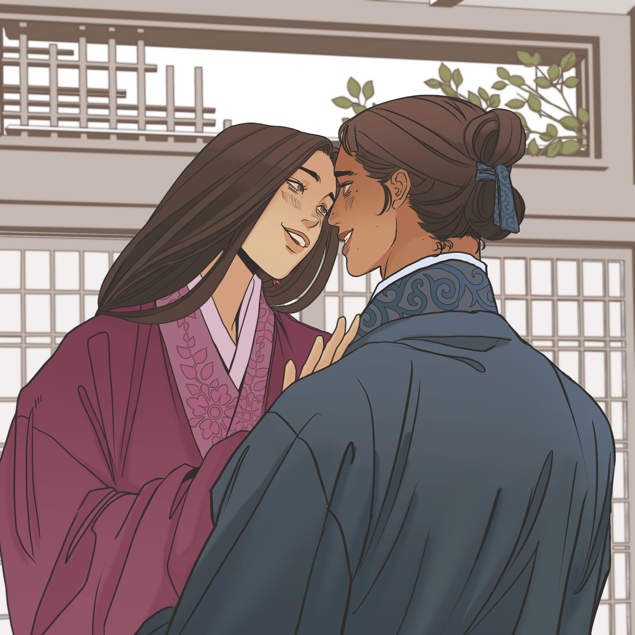 a cartoon illustration shows a romantic moment between two individuals in traditional clothing. the characters are dressed in hanboks. one individual in a red hanbok with a pink underlay looks lovingly at the other. the other individual in a blue hanbok, with their hair in a bun secured with a blue ribbon, is looking back at the other with a sweet smile. the background consists of an outdoors with a window with the bars and flowers.
