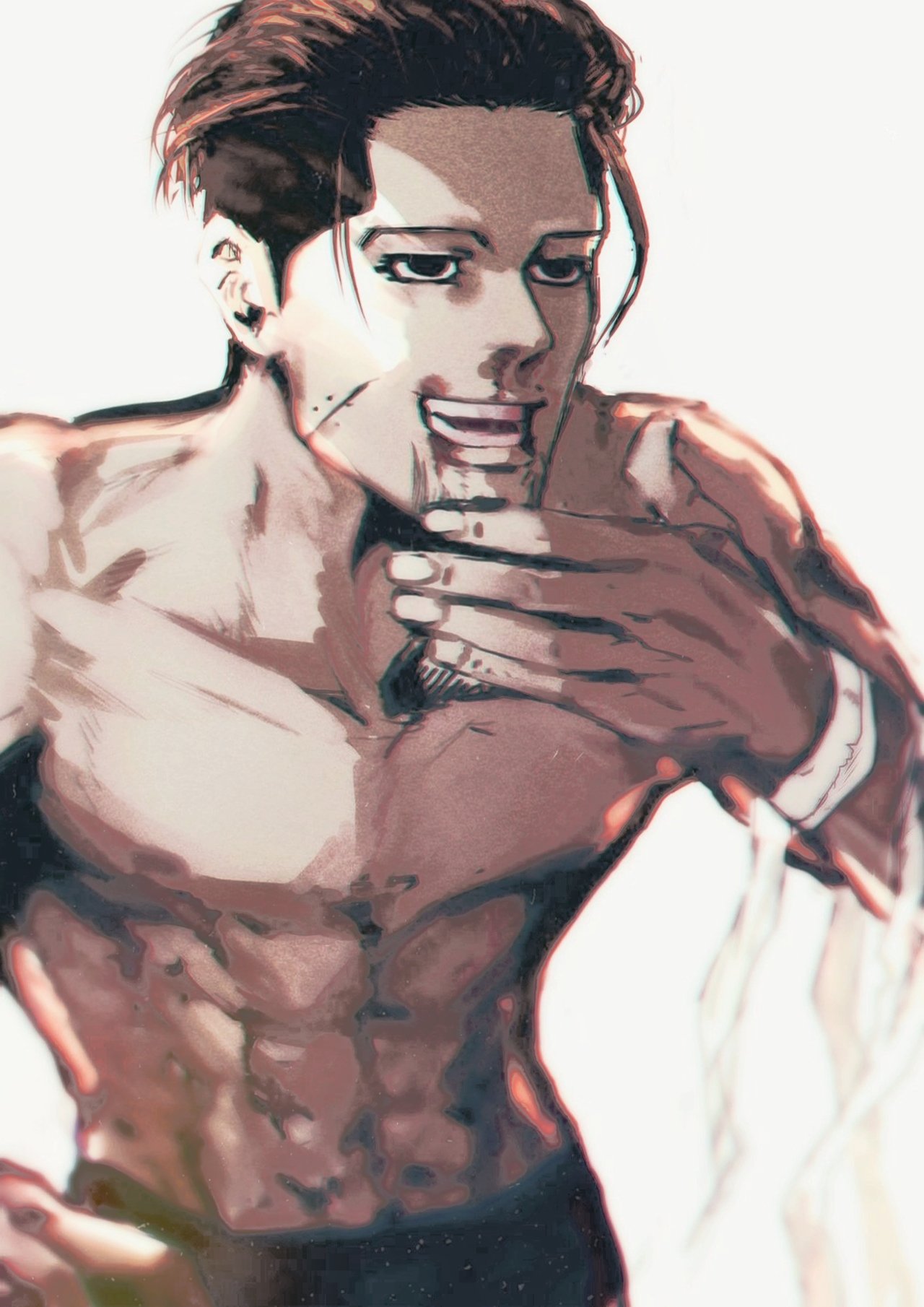 this is a digital illustration of a shirtless man with a muscular build and a sixpack. he is smiling confidently and looks very happy. the man has brown hair, brown eyes, and a defined jawline. the art style is anime/manga.