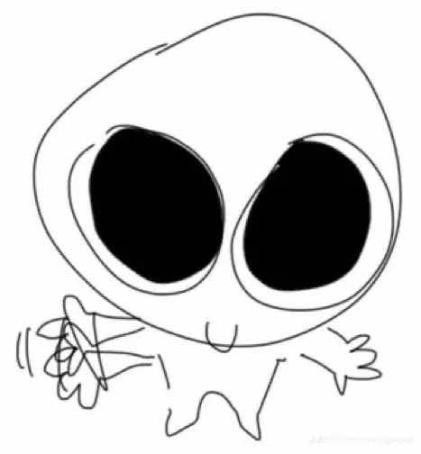 a cartoon alien doodle with big eyes, a small body, and a big head. the alien is smiling and has its hands up in the air.