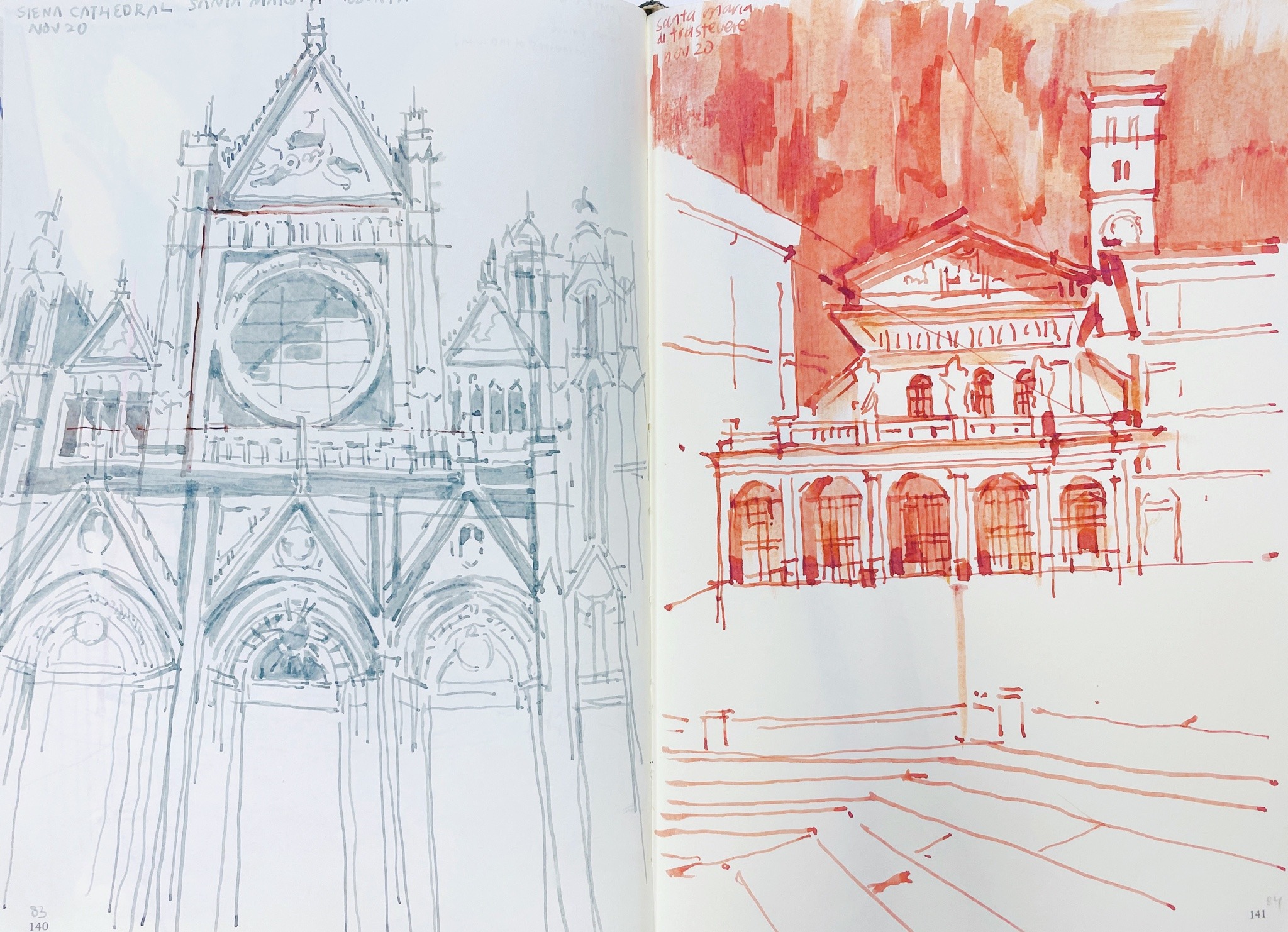 a sketchbook spread features two watercolor sketches of siena cathedral in italy. the left page shows the front facade in gray scale with pencil sketches. the right page depicts the side wall of the building in pale red wash with pencil details.