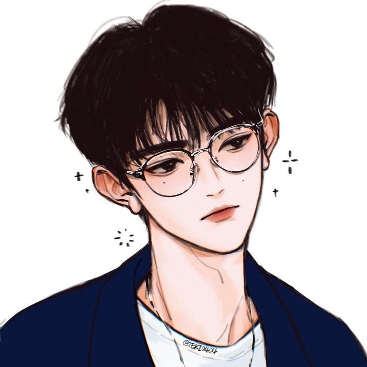 this is a digital illustration of a young man with black hair and round eyeglasses. he's wearing a blue jacket and a white shirt. the style of the drawing is reminiscent of anime and manhwa.  he has neutral expression and the lighting is soft.
