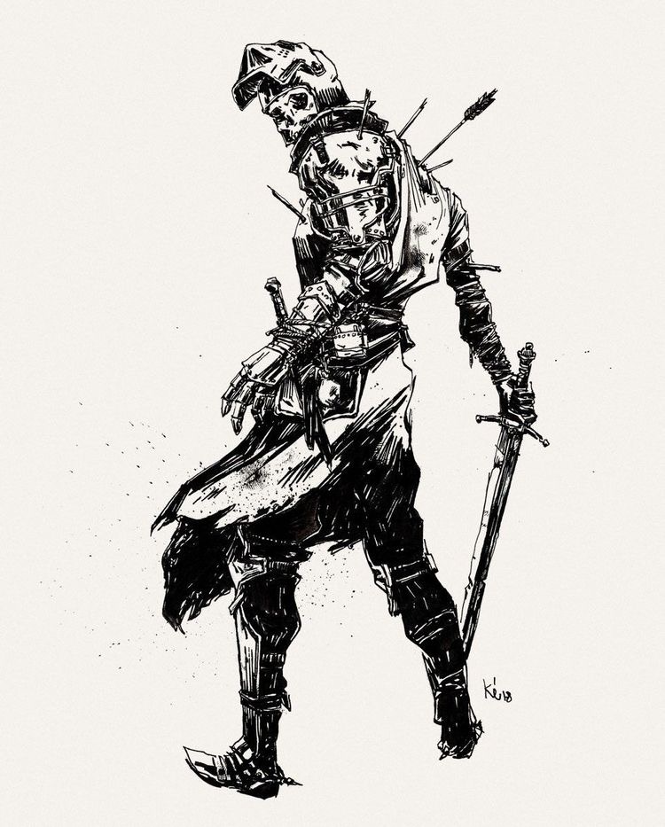 a black and white illustration of a fallen knight, a grim warrior of medieval fantasy, his armor and helmet showing the damage of battle.  arrows puncture his armor, but he clutches his sword with a steadfast grip, even in death.  he wears a heavy helmet, depicting a skull, a grim reminder of his fallen state.  this illustration shows a warrior still defiant, even in the face of death, with a level of detail that makes him come to life.