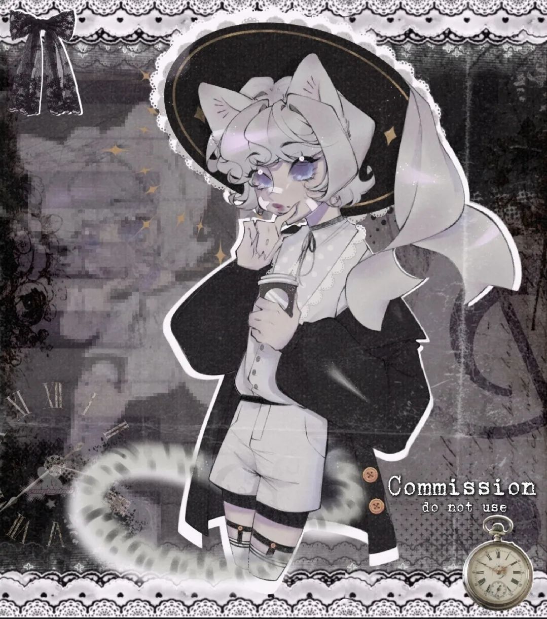 a stylized, black and white illustration of an original animestyle character with cat ears. they are dressed in a somewhat gothic lolita fashion with a large black hat and are holding a takeaway coffee cup. there are design elements like clocks, lace, and script surrounding the character and a watermark that says "commission  do not use" prominently on the image.