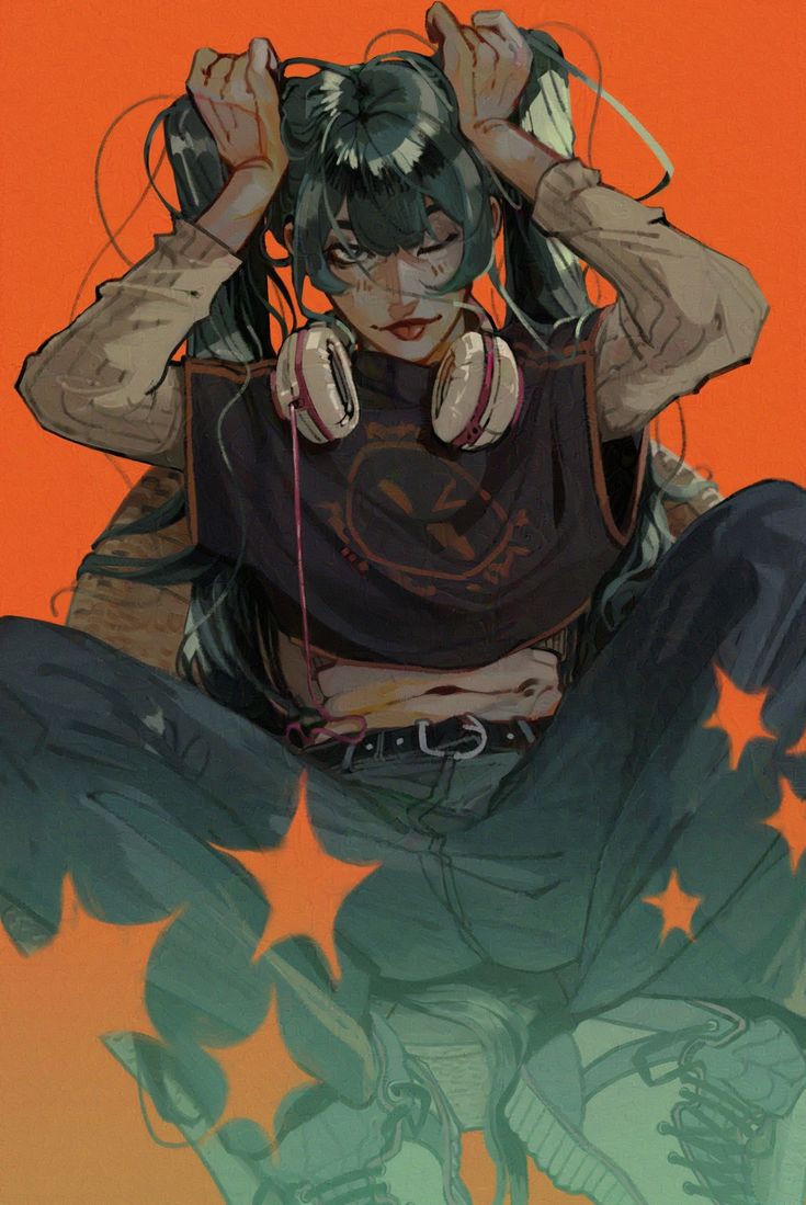 an anime girl with green hair is sitting and wearing a black shirt with an orange graphic design, jeans, and headphones. her left eye is covered with a white eye patch. she is sitting in a casual pose and has her hair pulled back into two pigtails. she is surrounded by orange stars. the background is a solid orange color.