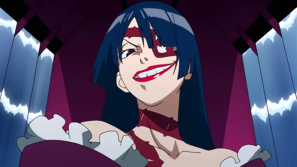 an anime girl with blue hair is smiling and showing her teeth. she has an eyepatch over her left eye and has red blood on her skin. the girl is in a red dress with a white collar. there are blue windows behind her with white clouds in the distance. the girl is in a dark shadow.