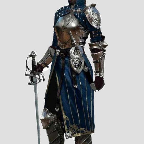 the image showcases a digital illustration of a female warrior clad in ornate, blue and steeltoned plate armor. she holds a  sword, its tip pointing downward, suggesting readiness for battle.  the armor is intricately detailed, reflecting a blend of practicality and elegance.  her stance exudes confidence and strength, hinting at a seasoned combatant. the image's background is a neutral white, keeping the focus solely on the character and her attire.