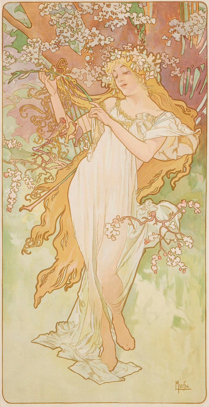 this is an art nouveau illustration by alphonse mucha depicting a woman as an allegory of spring. she has fair skin and long, flowing blonde hair adorned with a floral crown. she is wearing a draped white gown. she stands in a scene filled with flowering trees and birds, playing a harp. the artwork has a pale color palette and is framed by a decorative border. the composition is vertical.