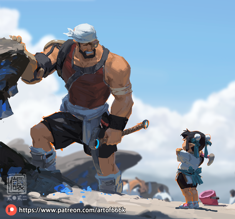 the digital painting depicts a scene on a sunny, mountainous landscape. a large, muscular man with a bandana, wearing a red tank top and dark shorts, dominates the foreground. he is holding a pickaxe and seems to have just broken off a large piece of rock that glows with a light blue hue.  smaller blue crystals are scattered on the ground around him.  he appears to be a miner or worker. in contrast, a much smaller girl, dressed in a lightcolored japaneseinspired outfit, stands in the foreground.  she is holding a smaller pickaxe and a bucket.  the setting is peaceful, with fluffy white clouds in a bright blue sky.  the image has a slightly fantasy feel.  a patreon watermark is present at the bottom.
