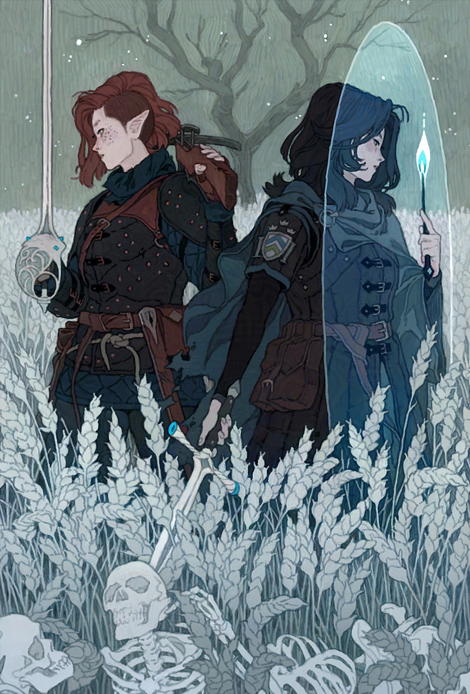 a digital illustration depicts two women standing in a field of wheat. the woman on the left has short red hair, elf ears, and is wearing leather armor and holding a sword. the woman on the right has dark hair and is wearing a blue hooded cloak and is holding a wand with a flame on the tip. the wheat field has skeletons and skulls scattered throughout it. the background is a blurred forest scene. a magical portal is around the second woman.