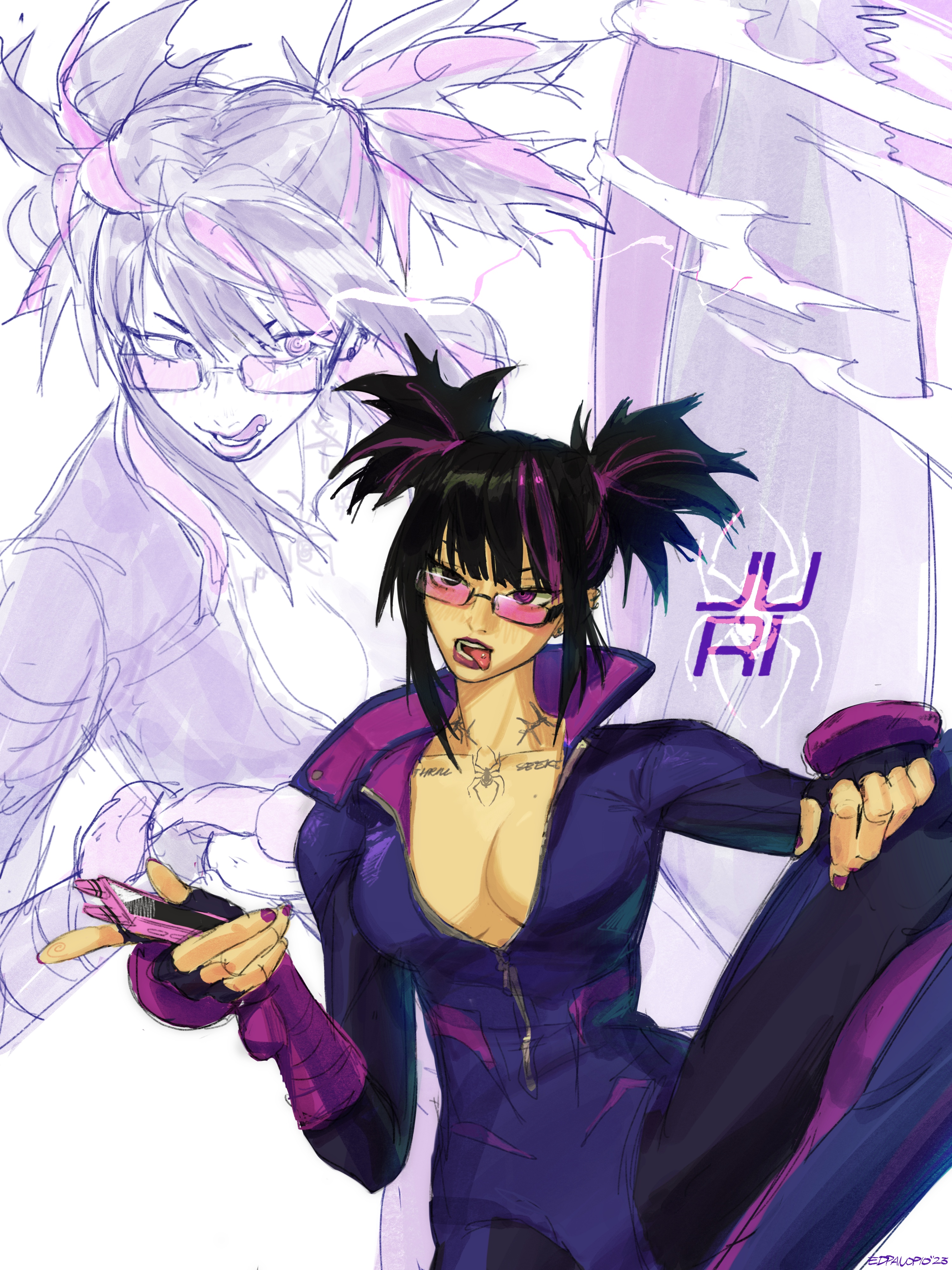 a digital drawing of a female anime character. she is wearing a purple jumpsuit and glasses. she has black hair with purple streaks and pigtails. she has a spider tattoo on her chest. she is holding a small electronic device in her hands. the background includes a faint sketch of a similar character.