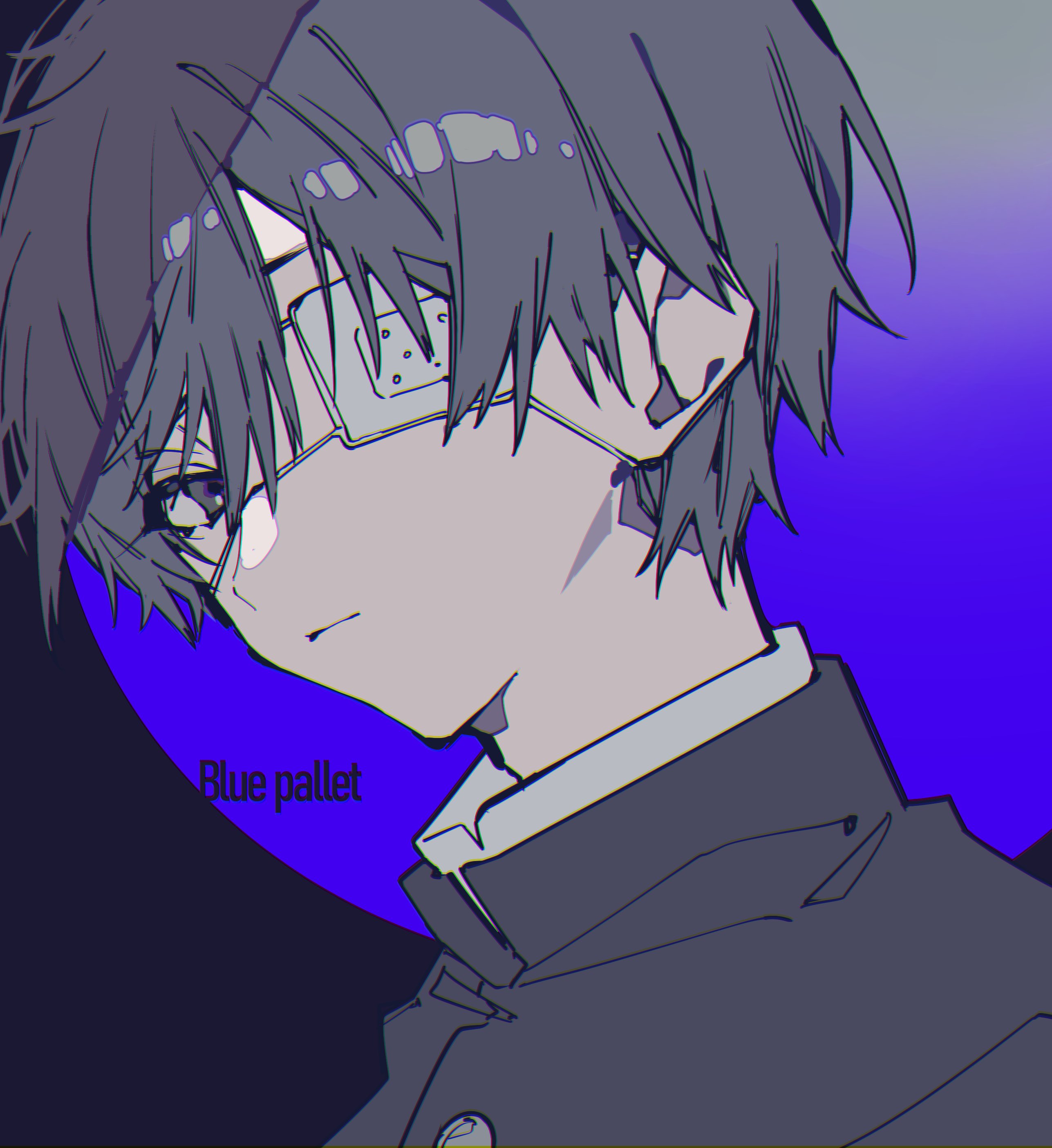 a side view portrait of an anime boy with dark hair, wearing a school uniform and a bandage on his face. the image uses a blue palette.