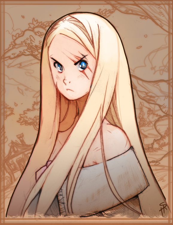 the image is a digital illustration of a young woman with long, flowing blonde hair and striking blue eyes. she has a serious expression, and her face bears three distinct scars  one on her cheek, another above her right eye, and a smaller one near her hairline. her hair partially obscures a simple, offshoulder garment that appears to be made of a coarse fabric. the background of the illustration is a sketchlike depiction of a rural environment, suggesting a village nestled among trees and rolling hills. the overall color palette is warm and muted, contributing to the soft, natural lighting of the scene.