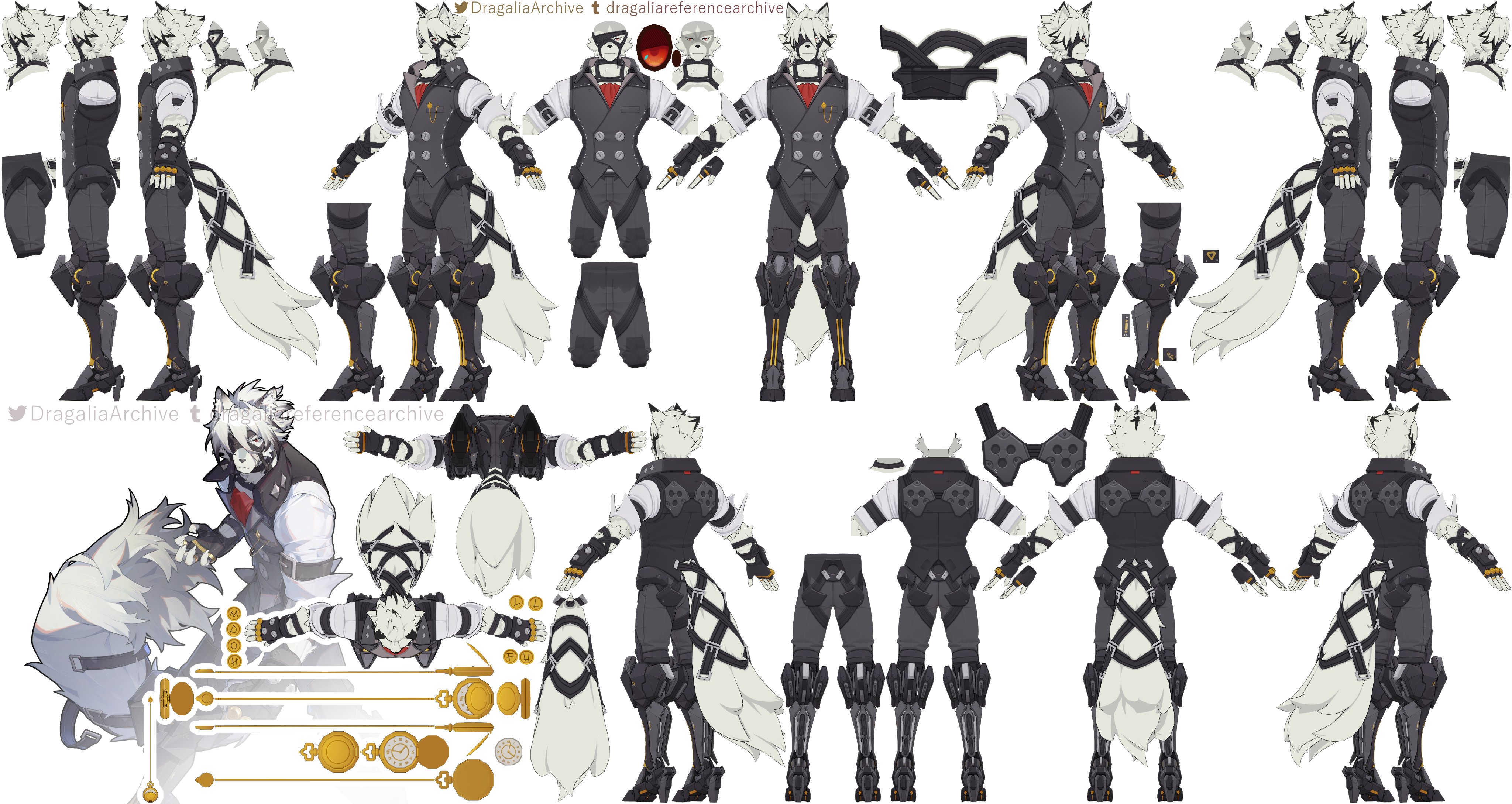 his image is a detailed model sheet for a character that appears to be from an animation or video game.  the character is an anthropomorphic wolf with a long white tail, wearing a darkcolored, stylized outfit with gold accents. the sheet provides multiple views of the character, including front, back, side, and 3/4 views, as well as breakdowns of individual clothing elements and accessories.  the style is clean, and precise, suggesting professional character design for animation or game development. the model sheet allows for a comprehensive understanding of the character's design details for animation or 3d modeling purposes.