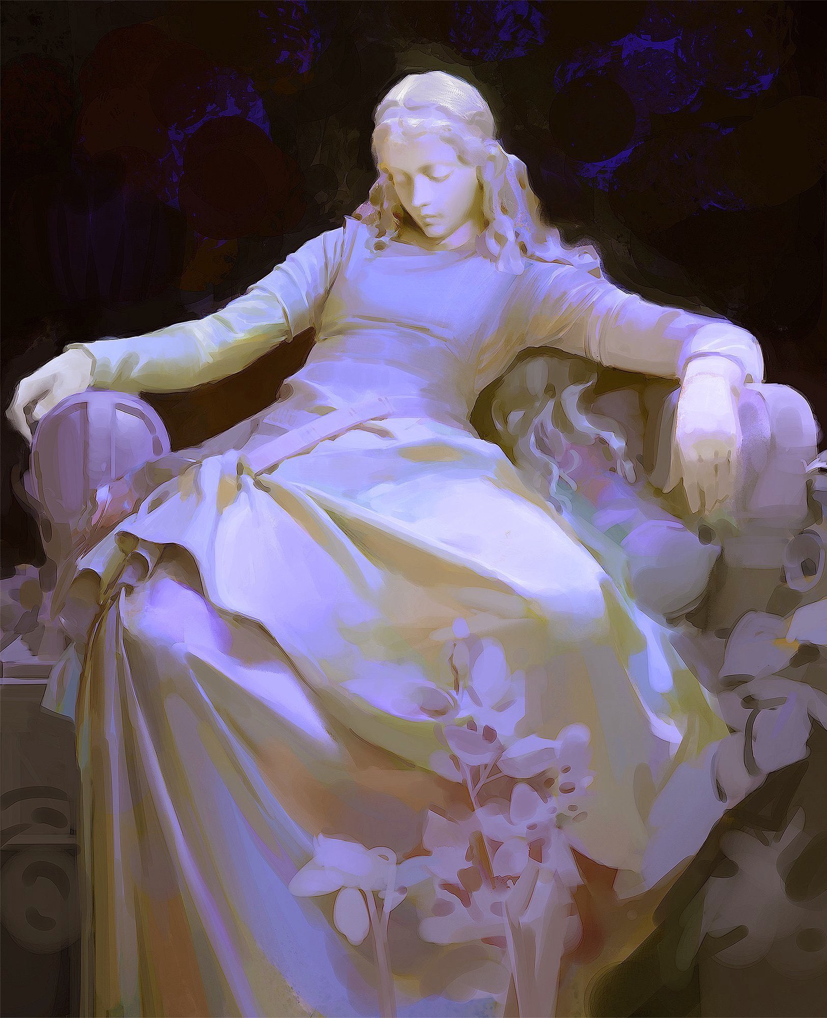 a woman in a white dress reclines in a dreamy, ethereal pose.  she is depicted as a statue, with a soft, pale complexion and flowing, delicate robes. the sculpture is set against a backdrop of dark, shadowy foliage and light, ethereal blossoms. the overall mood is serene and peaceful, suggesting a sense of beauty and tranquility.