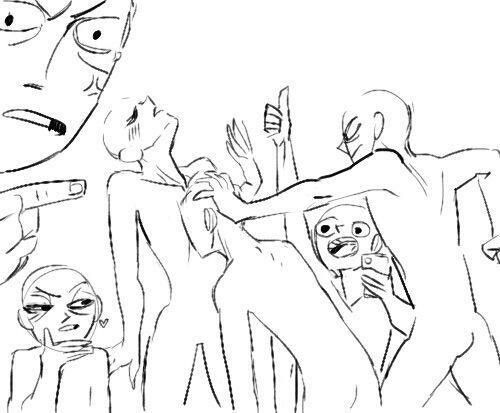 a drawing of several people in different poses, outlined in black pen on white paper. there's a person looking shocked, another looks happy and a third one looks angry.