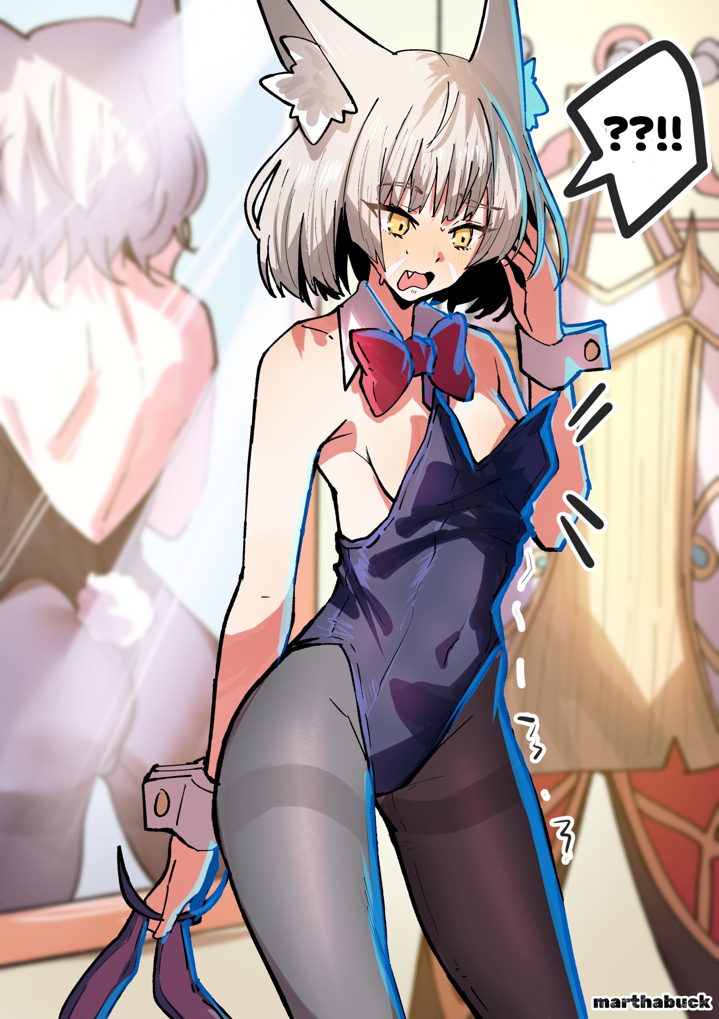 a surprised anime girl with cat ears and a bunny outfit looks at her reflection in a mirror. she seems shocked to see herself in the mirror, maybe her outfit?