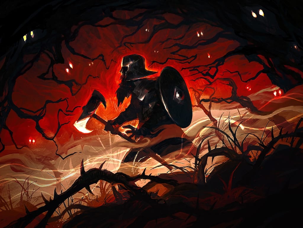 the image is a dark fantasy digital painting depicting a lone warrior, possibly a viking, clad in dark armor, wielding a large axe and carrying a round shield. he appears to be moving through a menacing, dark forest. the background is a fiery, reddishorange hue, and numerous glowing, red eyes are visible in the shadows of the trees, giving the scene an ominous and intensely eerie atmosphere. the warrior is partially obscured by smoke or mist, enhancing the sense of mystery. the foreground is characterized by thorny, gnarled branches adding to the harsh, threatening ambiance of the environment. the overall style is dynamic and dramatic, emphasizing a sense of impending conflict or danger.