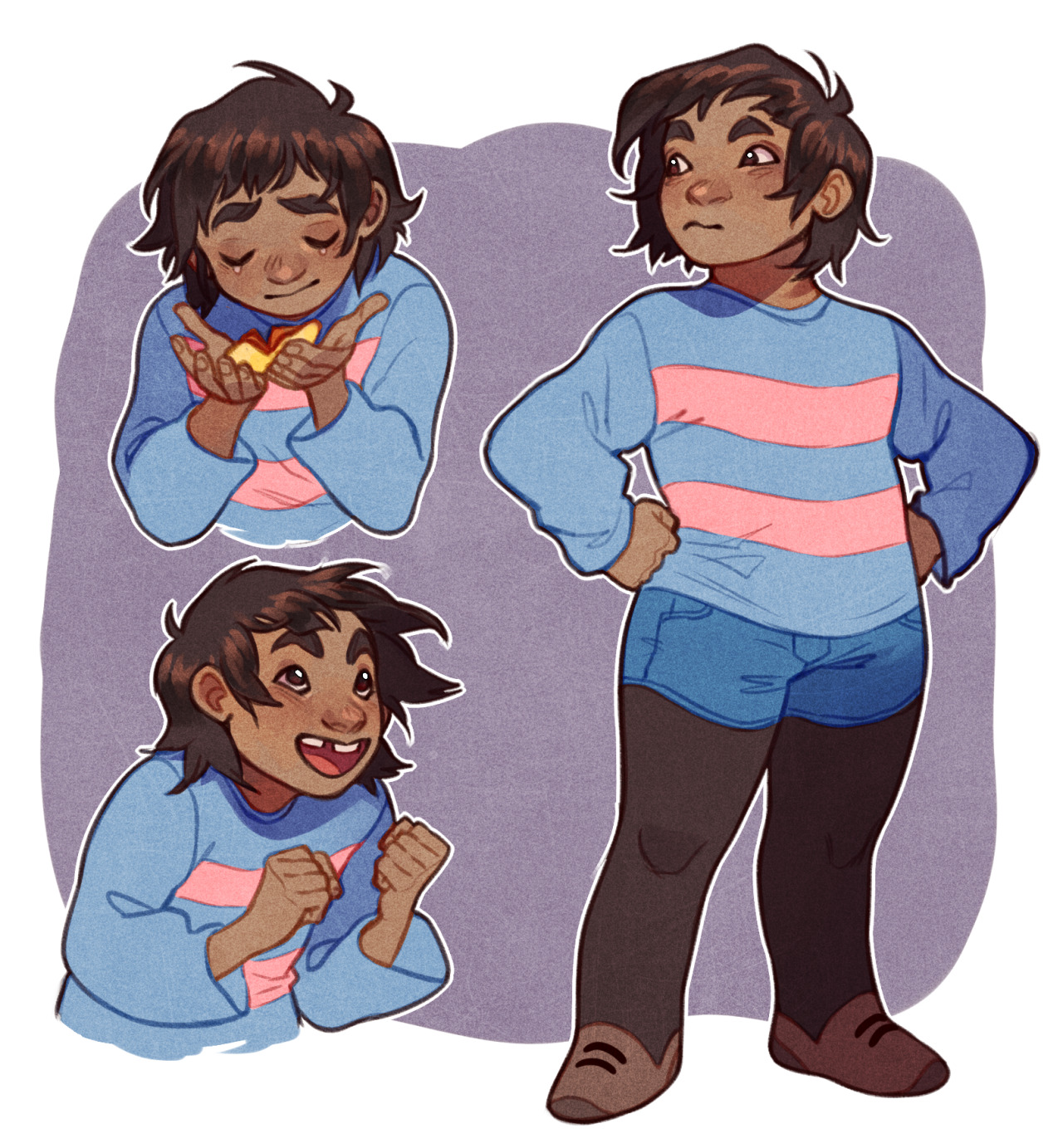 a digital illustration of the video game character frisk from undertale, depicted in three different poses: holding a glowing yellow heart with a sad expression, standing confidently with hands on hips, and cheering with fists raised in excitement. frisk is drawn with brown skin, short brown hair, and is wearing their signature blue and pink striped shirt, blue jean shorts, and brown shoes.