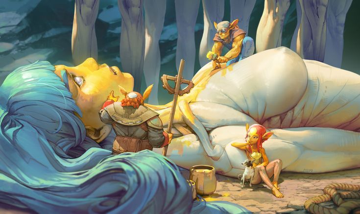 a fantasy artwork shows a giantess lying down with bright blue hair. the giantess is painted in yellow tones and appears to be sleeping. several goblinlike creatures are interacting with her: one is perched on her body, apparently working with a tool; another stands near her face, holding what looks like a measuring device; and a third sits near her feet, with a small dog beside her. tools and pots sit around. behind the scene are tall, pale structures that appear to be legs.