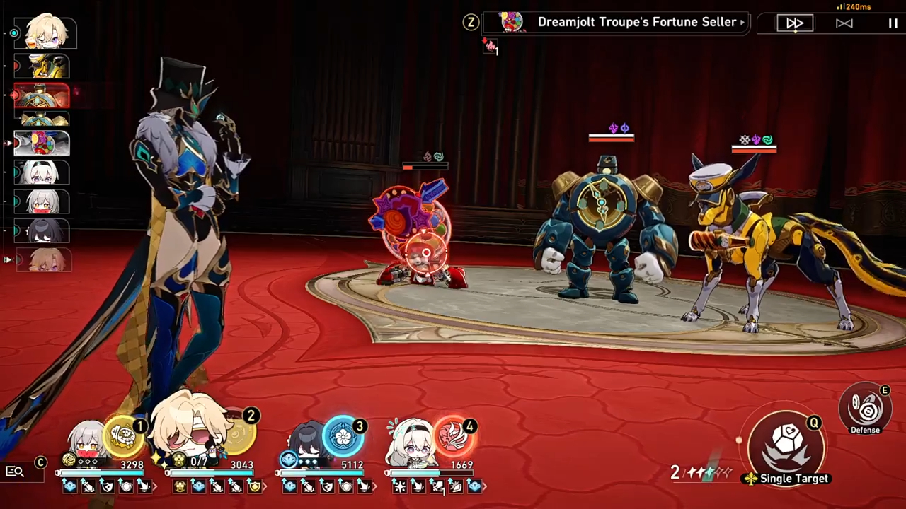 a screenshot from the game "honkai impact 3rd" displaying the game's user interface, where two characters are shown battling against two enemies, which include a robot and a creature. the top of the screen shows a "dreamjolt troupe's fortune seller" option with a timer that is counting down.  below this, the game shows a "single target" icon,  a "defense" icon, and a list of the characters' stats.  the bottom of the screen shows the health bars for the characters and enemies. the game is in the middle of a battle.