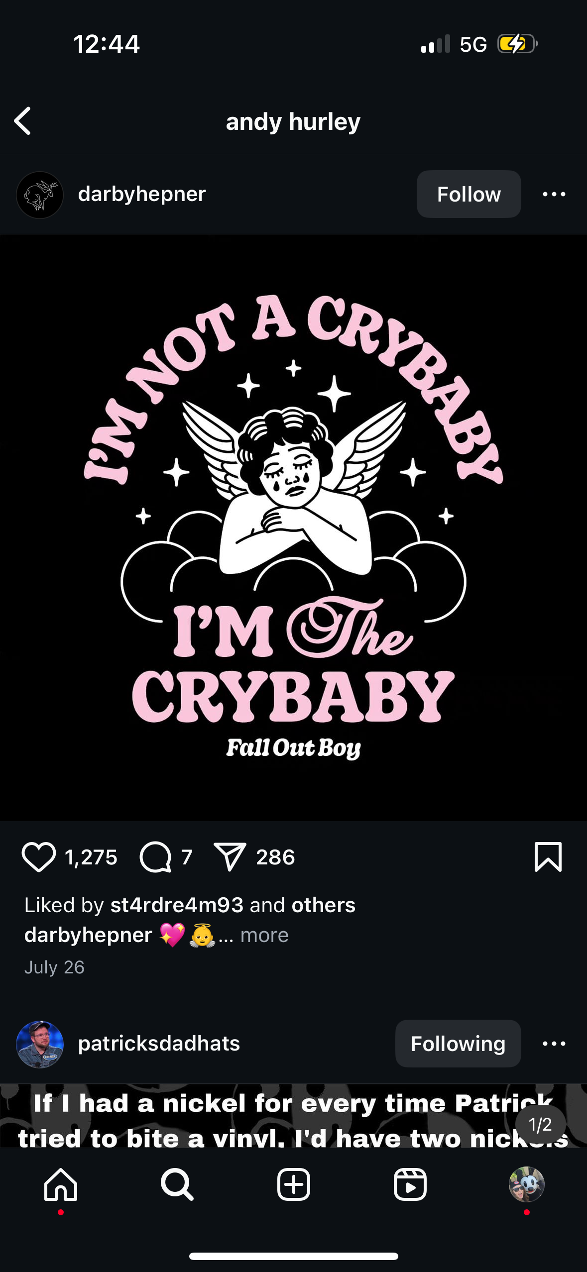 this is a black and white image of an album cover from the band fall out boy. the album cover is for their album crybaby. it features an angel crying with angel wings behind it. the album title is written in a bold pink font in a circle. there is also some text on the bottom that says "fall out boy."