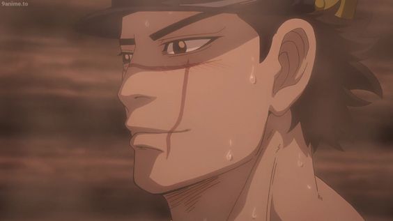 a closeup illustration of an adult male anime character with sweat dripping down his face. the man has short, dark hair, dark eyes, and a scar running vertically down his left cheek. he appears to be wearing a hat or headband and is looking intently towards his right. the background is a muted orangebrown.