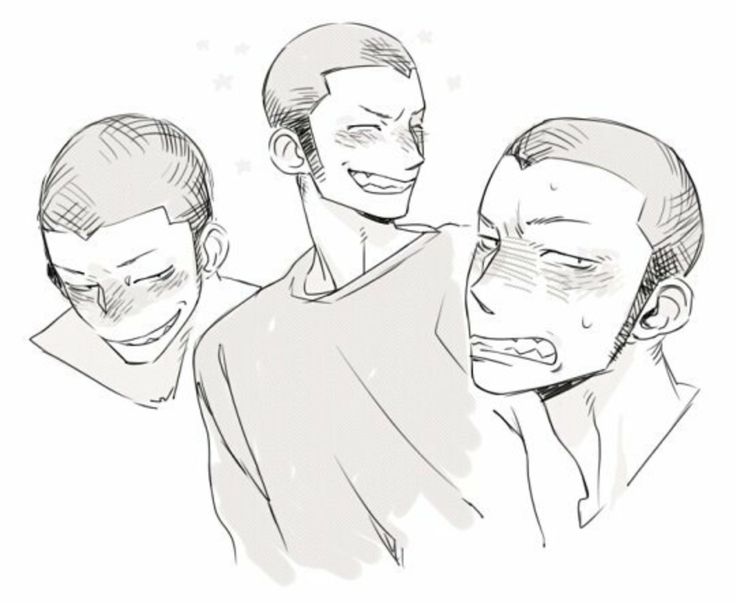 this is a mangastyle drawing of three young men. the man in the middle is the focus of the image. he is smiling and blushing as he looks at the man on his right. the man on his right has a fierce but loving look on his face as he stares at the man in the middle. the man on the left looks over and smiles at the two men. there is a sparkle effect around the men on the right, suggesting that they may be in a relationship.