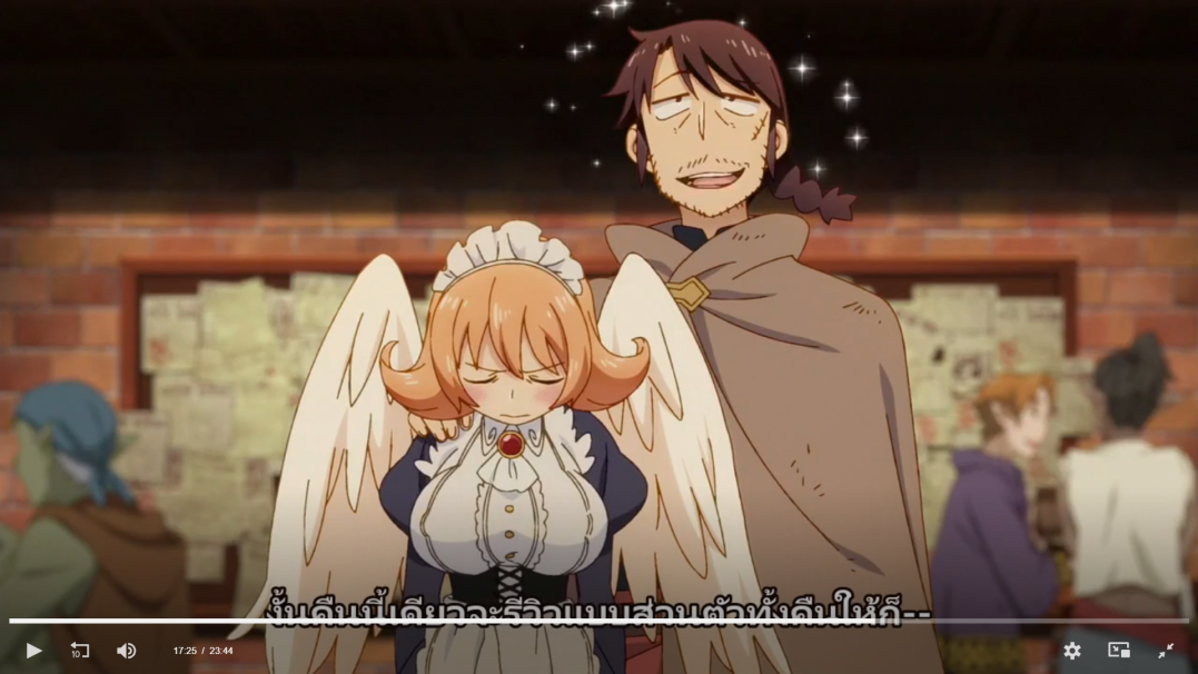 this image is a scene from an anime. the scene is set in an indoor environment and shows two characters interacting. one is a man with brown hair in a brown cloak, and the other is a girl with light brown hair wearing a white and blue maid outfit with large angel wings. they are smiling and talking to each other. the dialogue in thai is visible at the bottom of the screen, which indicates this is a foreign anime.