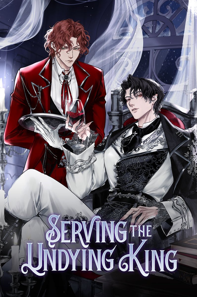 the image is a book cover illustration for a novel titled "serving the undying king". it features two men, one in a red suit and the other in a dark, ornate black and white outfit, possibly a king or other highranking noble. the man in red appears to be a servant offering a wine glass to the man in black. the setting is a gothic, luxurious throne room, which enhances the dramatic, mysterious, and romantic tone of the image. the overall style is dark fantasy, with elements of gothic romance. the artwork is highly detailed and polished, with a blend of digital painting and illustration techniques. the image is captivating, drawing the viewer into a world of power and intrigue.