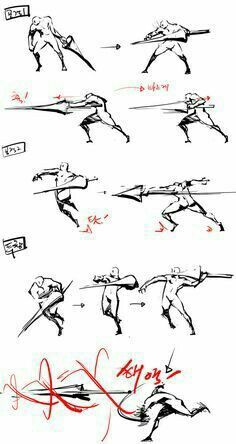 the image is a black and white sketch page with multiple figures demonstrating spear fighting techniques. the page appears to be a tutorial or reference for drawing action poses, specifically for a character wielding a spear. the drawings capture different angles and movements of the spear, with dynamic lines illustrating the force and flow of the action.
