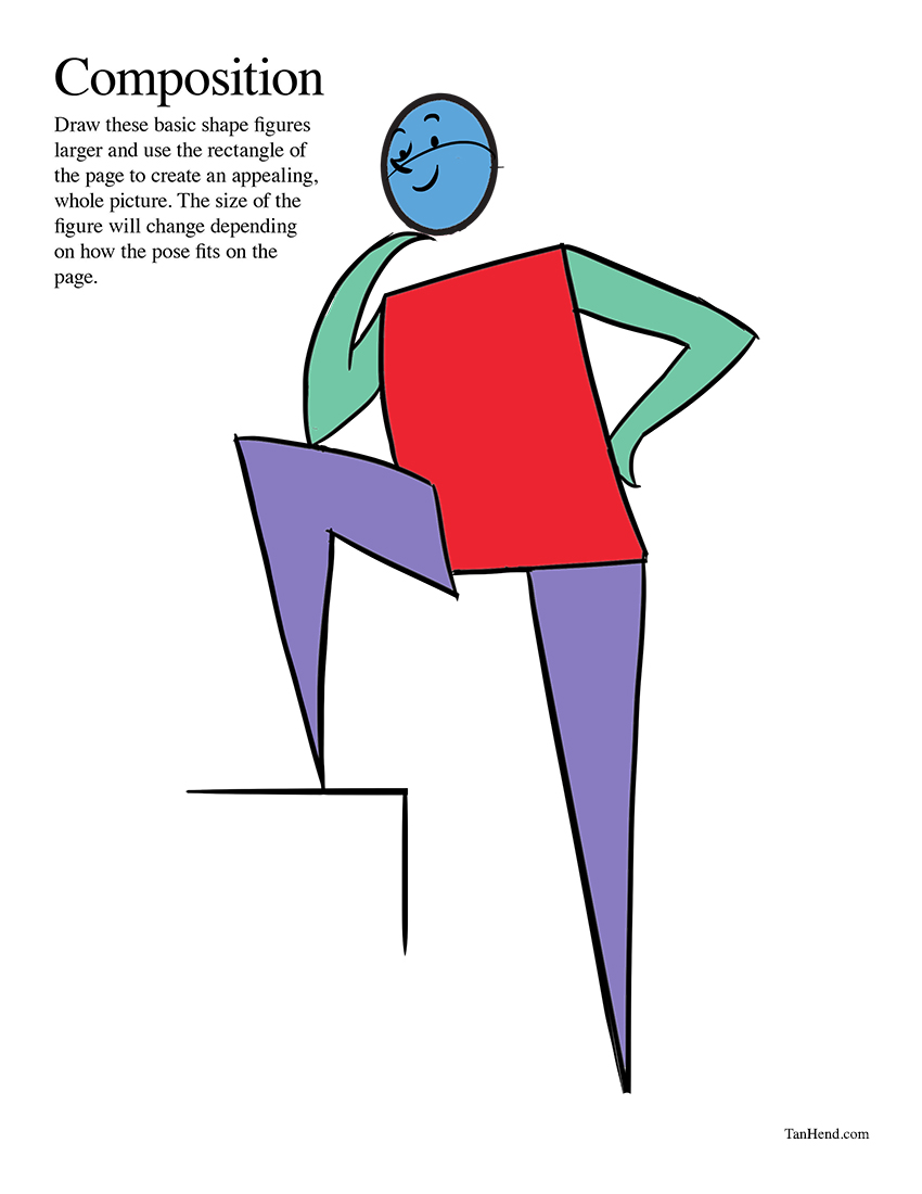 he image is an instructional drawing exercise focusing on composition. it shows a figure created from basic shapes (circle, rectangle, triangles) posed dynamically on a page.  the instructions explain how to scale the shapes to fit the page and create a visually appealing whole. the overall style is simple and cartoonish. the bottom right corner includes a website address, tanhend.com.