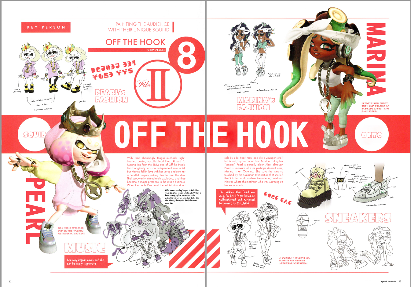a magazine spread dedicated to the splatoon idol duo, off the hook, illustrating and describing their fashion style and personalities.