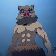 a muscular, boarheaded character stands with arms at his sides and a determined expression on his face. he has a large, pink boar's head covering his entire head, with large, blue eyes and sharp tusks. his body is barechested, revealing defined muscles and a sturdy build. he wears brown, furry pants around his waist. the background is a solid blue, creating a sense of focus on the character.