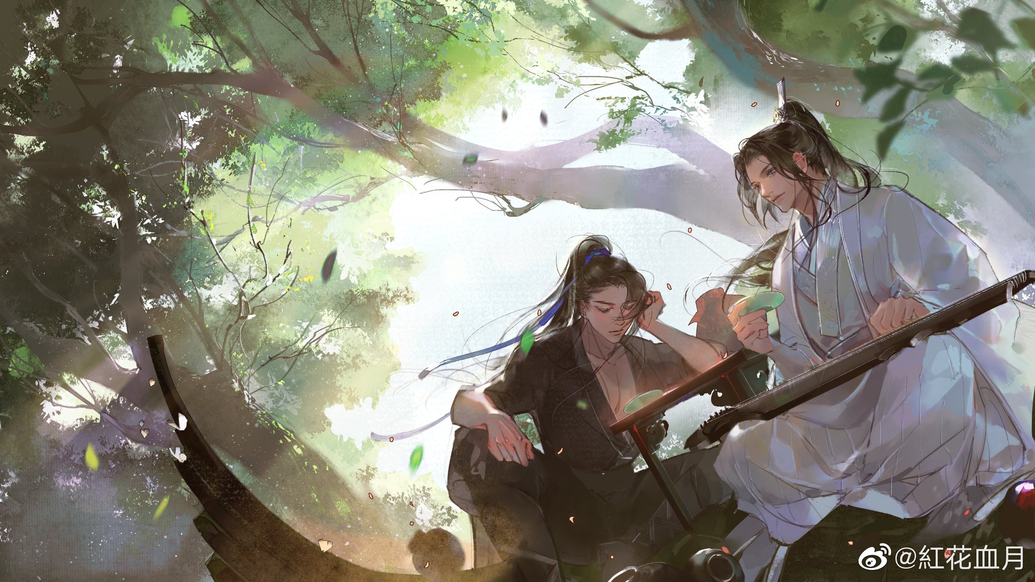 the image shows two young men sitting on a platform built into the branches of a large tree. one man, dressed in black, leans on the table looking thoughtfully to the side. the other man, dressed in white, sits facing him and sips from a cup. he has long black hair and a serene expression. the scene is dappled in sunlight filtering through the leaves of the tree.  the art style appears to be inspired by chinese aesthetics, and the overall atmosphere is one of tranquility and peace.