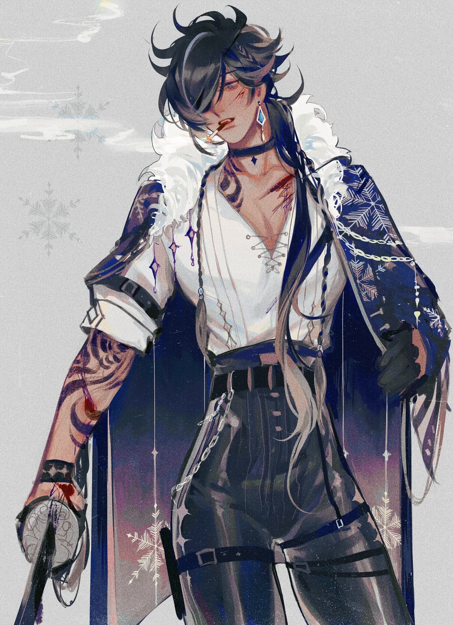 the image is a digital painting or illustration in an anime/manga style depicting a stylish male character. he has long dark hair, a somewhat androgynous appearance, and is adorned with various accessories. he wears a long dark coat with snowflakelike patterns, a white shirt, dark pants, and numerous chains. tattoos and scars are visible on his arms and chest, adding to a somewhat edgy aesthetic. he holds a sword or similar object. the background is a muted grey with hints of lighter colors and subtle snowflake designs. the overall mood is mysterious and slightly dramatic, with a possible winter or cold theme due to the snowflakes.