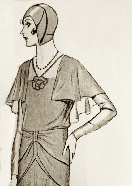 a vintage illustration of a stylish woman in a 1920s dress. she is wearing a cloche hat, a necklace, and a dress with a bow at the waist and a large sleeve.  she appears to be looking to the side.  the illustration is done in a retro art deco style.