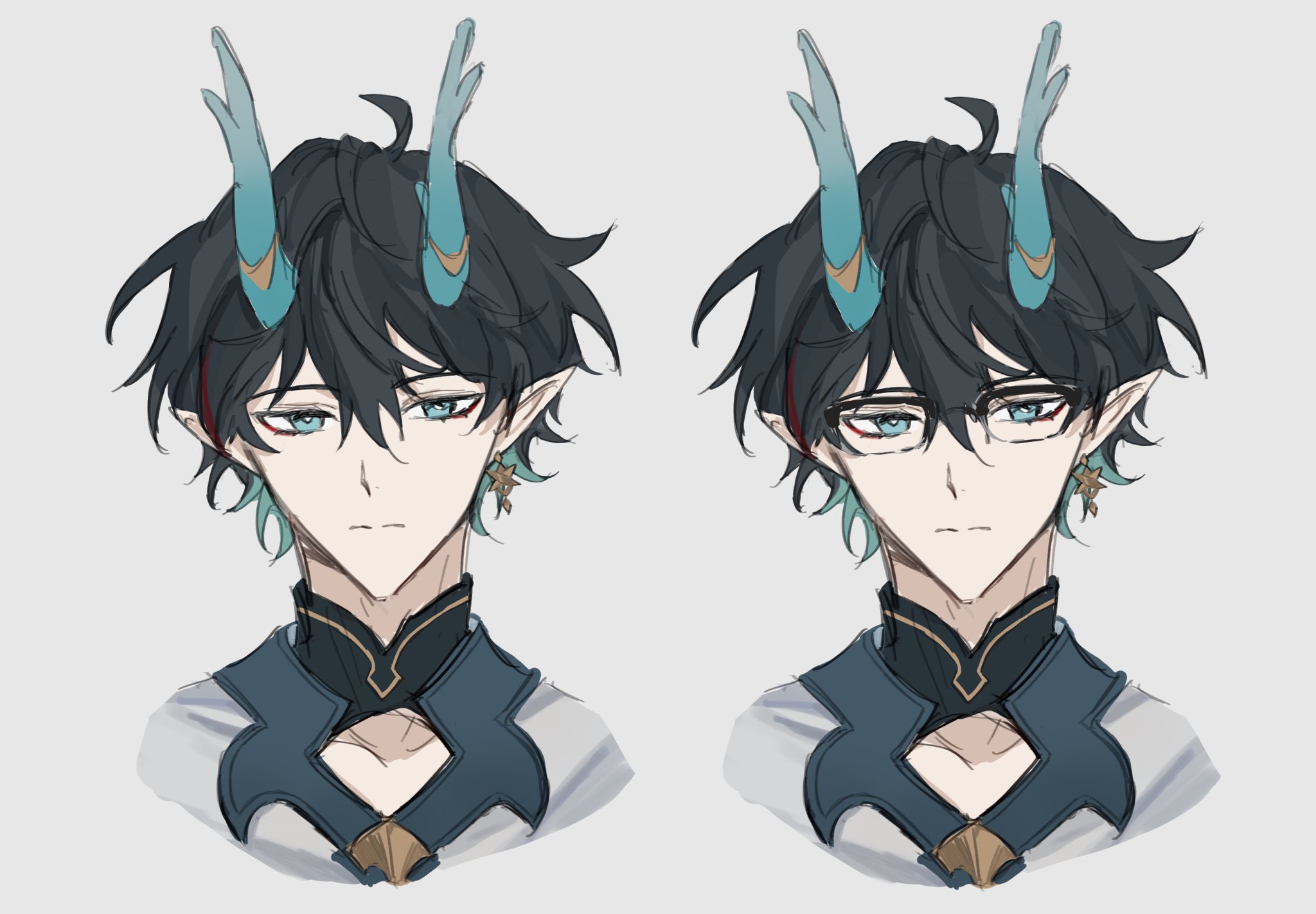 the illustration shows a sidebyside comparison of an anime character with and without glasses. the character is a young male with blue and green horns, black hair, and blue eyes. he wears a teal and gold collar and a white shirt. in one image, he wears squarerimmed glasses, while in the other, he does not.  his expression is serious and neutral in both images. the background is a simple light gray.