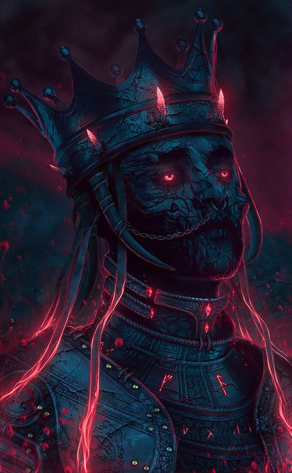 a digital art portrait of a dark fantasy king with a glowing crown and armor. the king has glowing red eyes and is surrounded by glowing red light.